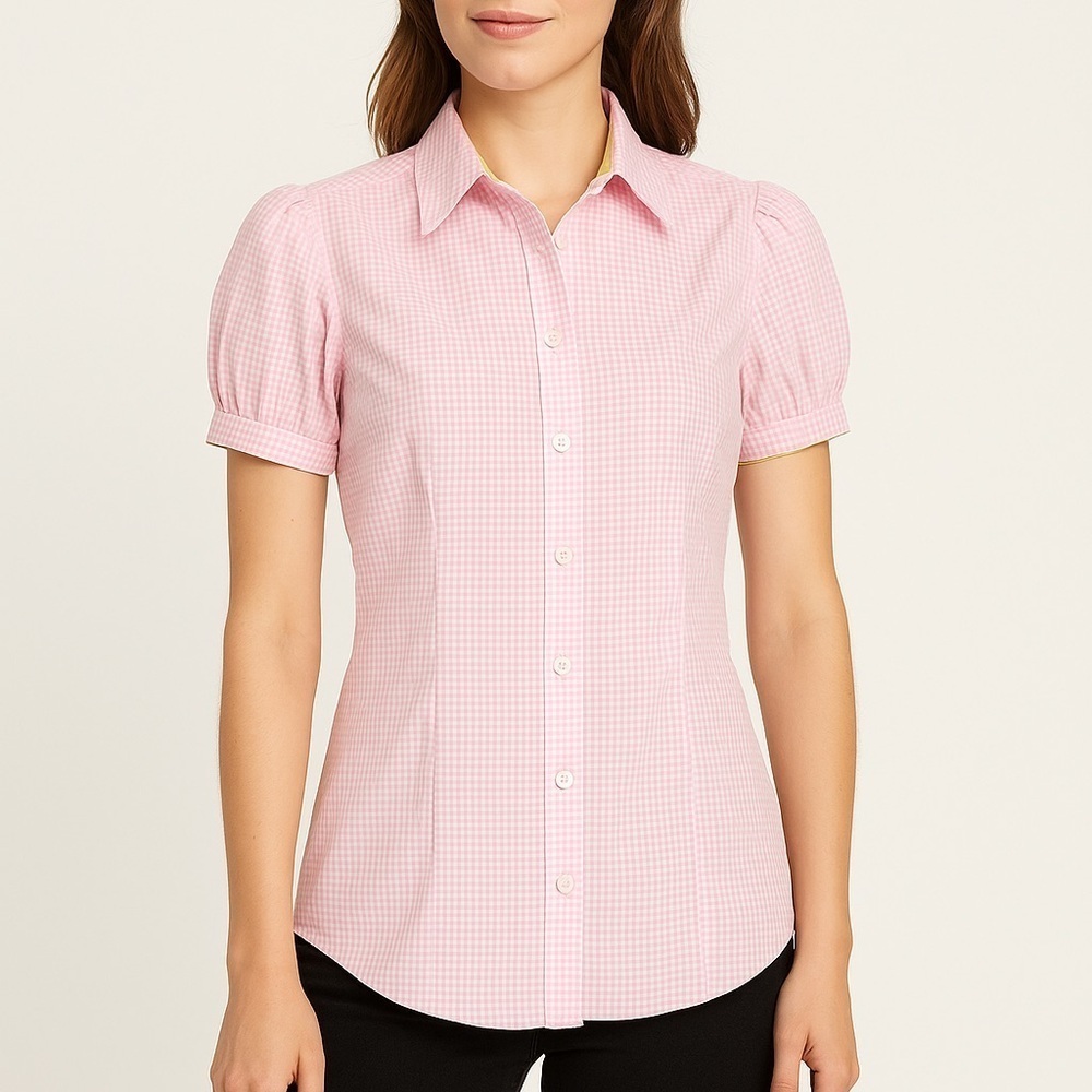 Lilly Pulitzer Pink Gingham Puff Sleeve Button Shirt Women’s 0 Fitted Cotton Top